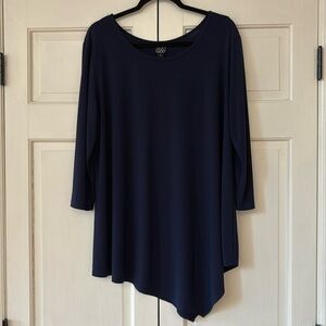 Clara Sun Woo Tunic Size 1X Navy Blue Asymmetrical Hem Slinky Drape Solid Blouse